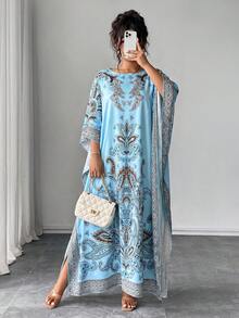 Elenzga 大码蝙蝠袖圆领印花宽松连衣裙，适合度假和聚会穿着 - 天藍色 - 查看 4