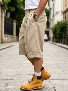 Manfinity Hypemode Men's Solid Color Pleated Casual Versatile Daily Wear Shorts - Khaki - View 6