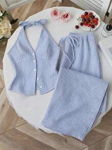 Sweetra Bộ đồ nữ kẻ sọc, áo một hàng cúc buộc dây cổ và quần dài, kiểu dáng thường ngày. - Xanh và trắng - Xem 1