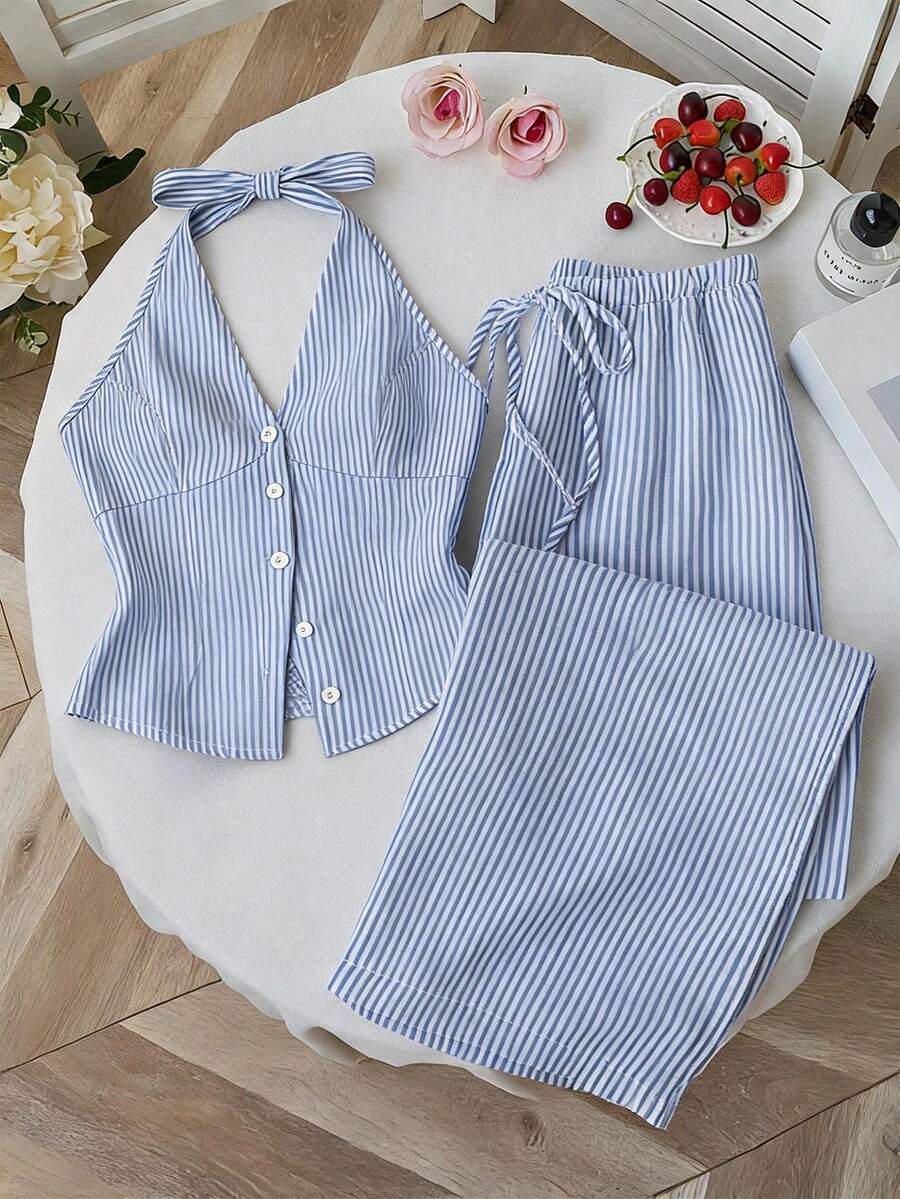 Sweetra Bộ đồ nữ kẻ sọc, áo một hàng cúc buộc dây cổ và quần dài, kiểu dáng thường ngày. - Xanh và trắng - Xem 1