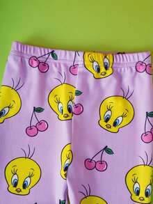 LOONEY TUNES X SHEIN Conjunto de pijama de ajuste ceñido con camiseta de manga larga y pantalones con estampado de Tweety Bird y cerezas, diseño lindo y dulce para niña bebé - Morado - Ver 6