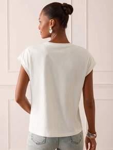 Lilora Áo thun nữ cổ tròn bằng cotton đính đá lấp lánh thanh lịch, kiểu dáng cao cấp, đa năng, trang nhã, phù hợp cho đi làm, đi chơi, tụ họp, hẹn hò, dự tiệc, thư giãn, dã ngoại, kỳ nghỉ, mùa hè. - trắng - Xem 4