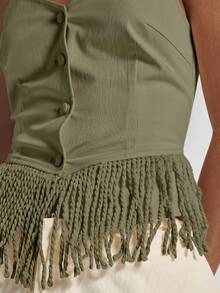 MUSERA V Neck Button Through Tailored Style Fringed Tassle Hem Top Cute Holiday Sexy Night Out Vacation Spring Summer Elegant Soleil Drape - Khaki - View 6