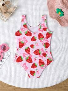 Traje de baño de una pieza con estampado de fresa y floral lindo para bebé niña, ideal para vacaciones de verano en la playa - Rojo - Ver 2