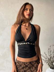 Aloruh Women's Deep V-Neck Fitted Pendant Decorated Camisole, Autumn/Winter,Summer Top - Black - View 3
