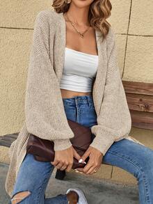 SHEIN X Lucía Bellido Easowa Drop Shoulder Ribbed Knit Duster Cardigan,Long Sleeve Tops In Fall/Winter - Beige - View 3