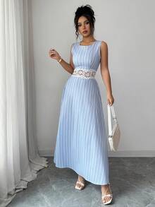 Elenzga Đầm nữ mùa hè mới, kiểu dáng thanh lịch, chất liệu cotton, phối ren tương phản, họa tiết sọc xanh dương, không tay, eo thon. - Màu xanh lam - Xem 5