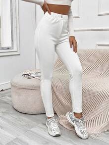 SHEIN Solid Elastic Waist Skinny Pants School White Autumn Casual Basic - White - View 5