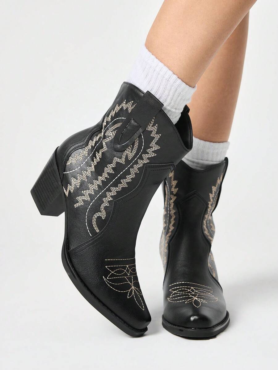ROMWE Fairycore 2026 New Women's Small Square Toe Solid Color Thick Heel Fashion Sleeve Ankle Boots Western Boots And Ankle Boots - Black - View 1