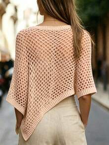EMERY ROSE Women's Solid Color Asymmetrical Shoulder Hollow Casual Versatile Knit Top For Daily Wear - Baby Pink - View 5