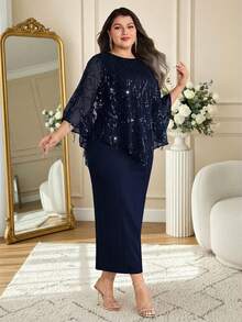 Modelyn Plus Size Solid Color Round Neck Raglan Casual Mesh Patchwork Sequin Decor Elegant 2-Piece Set - Navy Blue - View 7