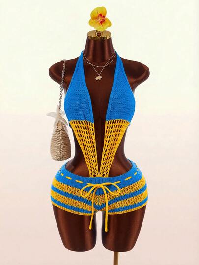 Amplova Hollow-Out Knitted Sleeveless Deep V-Neck Tie-Up Blue Striped Contrast Color Backless Romper For Women Holiday Holiday Vacation Summer Tropical Summer Outfits For Women Festival Outfits For Women Beach Outfits For Women Going Out Outfits Birthday Outfits For Women Casual  Outfits For Women