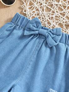 Genkimix Kids 2pcs Baby Girls' Denim Loose Shorts Set, Summer Washed Versatile Comfortable Pockets Design, Bow Decor, Elastic Waist, Light Blue Thin Tencel Fabric, Suitable For Daily Outing And Vacation - Blue - View 7