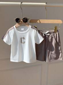 2pcs/Set Baby Boy Summer Casual Korean Style Color Block Top T-Shirt And Shorts Set, Cute Outfit - Multicolor - View 4