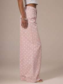 MUSERA Cute Polka Dot Spring Summer Dainty Denim Straight Leg Mid Rise Jeans Ibiza Holiday Casual Back To School Office Work Party Chic - Pink - View 5