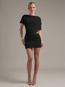 Hauture Women's Sexy Asym Tee Shirt Skirt Co-Ord Matching Set Sexy Office Wear - Black - View 6