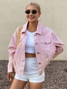 Livesso Casual Loose Denim Jacket With Large Pockets, Sweet Girl Style, Suitable For Spring And Autumn, Fashionable Streetwear And Outdoor Wear - Pink - View 8