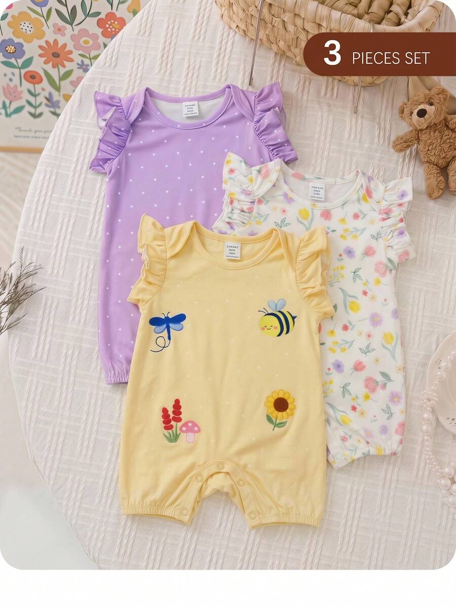Set de 3 piezas de pelele de bebé recién nacido niña con diseño de dibujos animados tejido, para verano - Multicolor - Ver 1