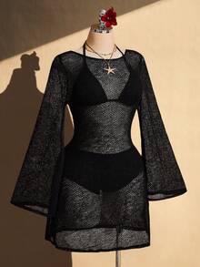 SHEIN ICON 大码女式纯色圆领喇叭袖性感连衣裙 - 黑色 - 查看 5