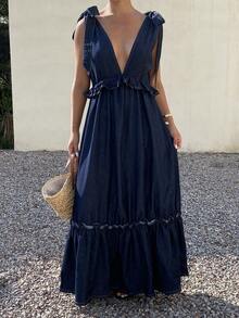 Livesso Đầm denim gợi cảm, đa năng, có bèo nhún và thắt eo, dành cho nữ. - Màu be - Xem 4