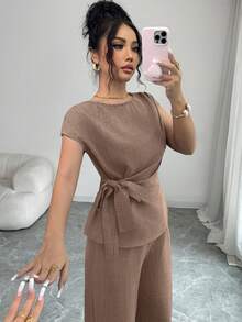 en la cintura y diseño suelto de pierna ancha con bolsillos en la cintura para mujer, elegante y casual para ir al trabajo - Verde - Ver 9