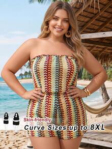 SHEIN CURVE+ 大尺碼女款拼色休閒日常遮陽抹胸連身褲 - 彩色 - 查看 1