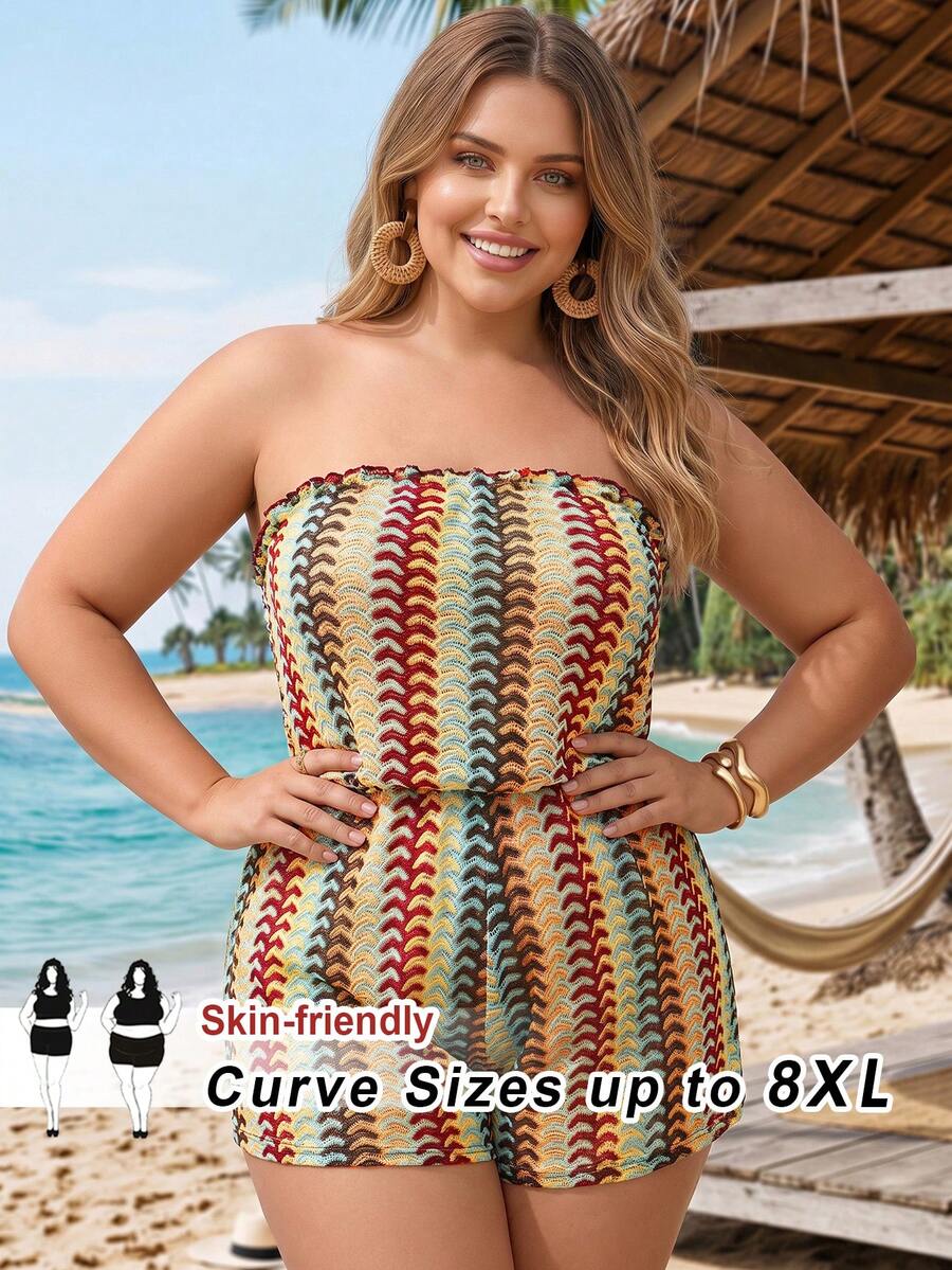 SHEIN CURVE+ 大尺碼女款拼色休閒日常遮陽抹胸連身褲 - 彩色 - 查看 1