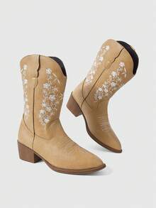 ROMWE Fairycore Botas Ocidentais Marrons, Botas Altas Bordadas de Slip-On, Botas de Motociclista de Couro Até o Joelho, Botas Até o Joelho de Salto Grosso para Mulheres - Marrom amarelo + flores - Visão 3