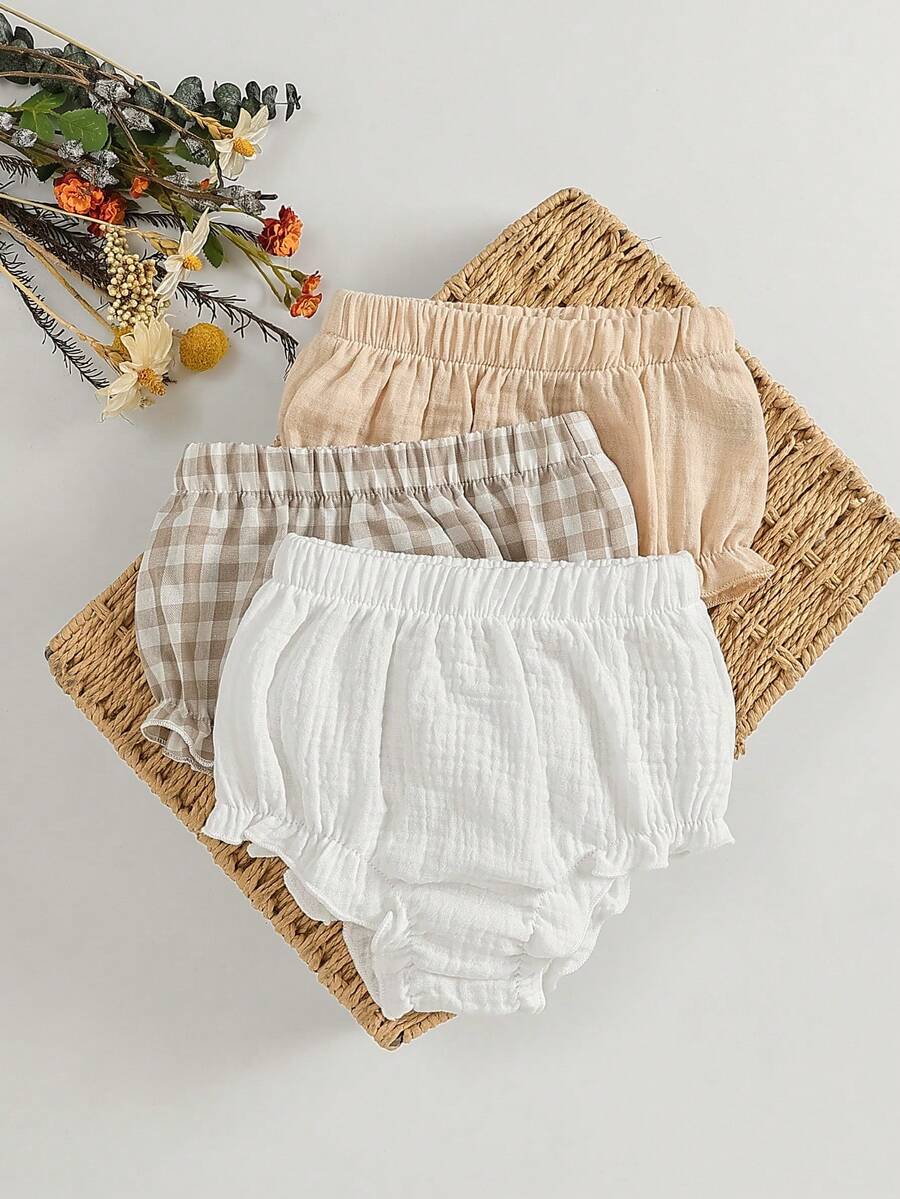 SHEIN 3件套女婴纯色米色、白色、粉色格子休闲短裤和打底裤套装,宽松舒适,适合户外玩耍和各种场合。 - 卡其色 - 查看 1