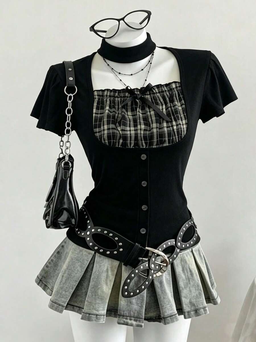FRIFUL 女士格子拼接泡泡短袖修身腰部纽扣装饰甜辣风T恤，夏季 - 黑色 - 查看 1