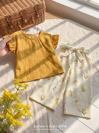 Cozy Pixies Conjunto de 2 piezas para bebé niña con top sin mangas de cuello redondo con volantes y pantalones de cintura elástica de unicolor
