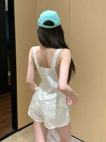 DAZY 复古水洗白色音乐节情人节休闲街头户外短裤，女士牛仔背带裤，春夏Y2K风格 - 白色 - 查看 10