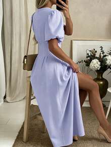EMERY ROSE Women's Elegant Solid Color Front Button Petal Sleeve Dress, Summer - Mauve Purple - View 2