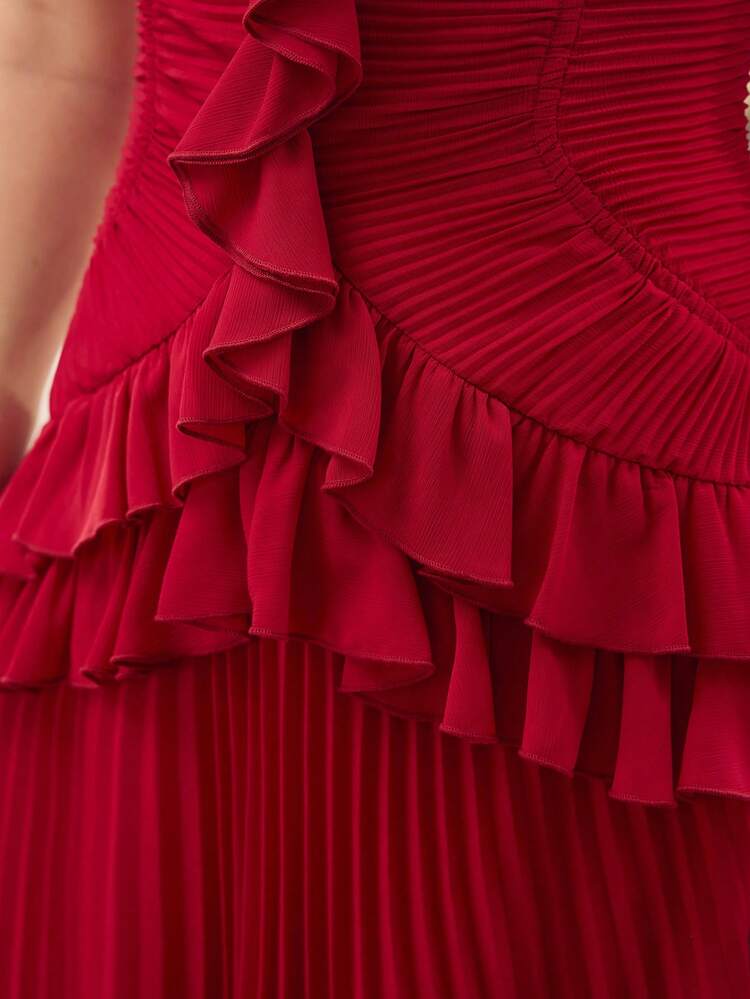 PLUS SIZE WOMEN'S CASUAL/DATE RED RUCHED RUFFLE TRIM U-NECK SLEEVELESS DRESS, SPRING/SUMMER