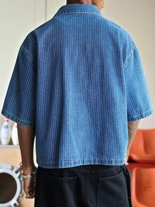 STEELVANCE Camisa de manga corta de mezclilla azul con rayas y bordado, estilo casual urbano para hombres - Azul lavado medio - Ver 2