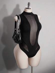 SHEIN ICON 女款大尺碼 Y2K 復古 70 年代網格拼接深 V 領針織連身衣，黑色冬季夜店派對修身半高領前衛風 - 黑色 - 查看 1