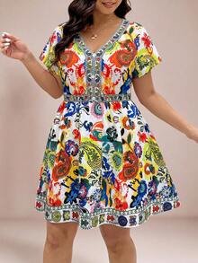 Travachic 大码女式V领碎花短袖连衣裙，优雅百搭，适合日常穿着、度假、春夏假日穿着 - 彩色 - 查看 5
