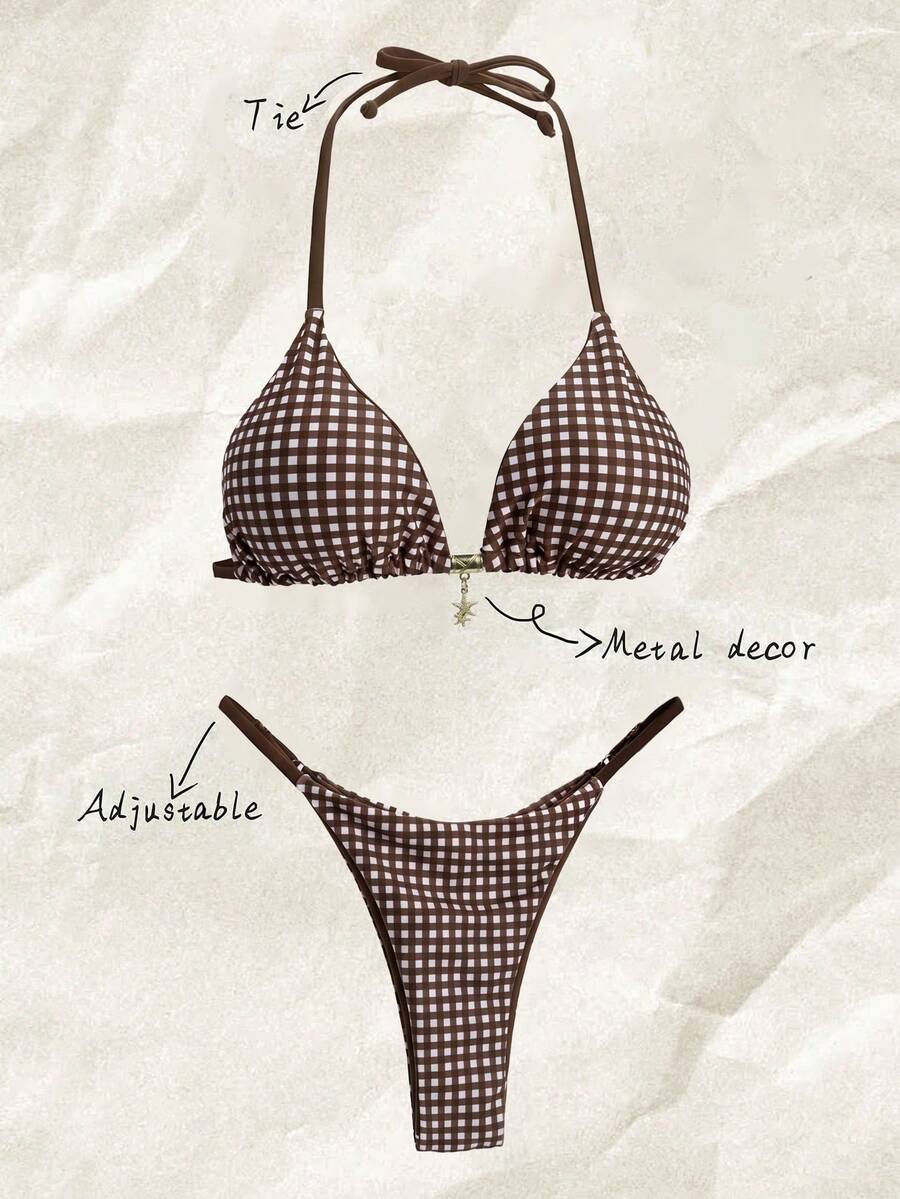 Elavelle Bikini Halter Motif Kotak-kotak Cokelat untuk Wanita dengan Tali Pengikat di Belakang dan Bagian Bawah Model Thong - Coklat - View 1