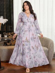 Modelyn 大码女式优雅收腰印花喇叭连衣裙 - 淡紫色 - 查看 3