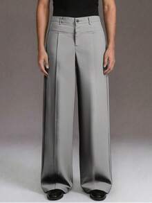 STYNVO Men's Solid Color Pleated Button Casual Pants - Grey - View 3