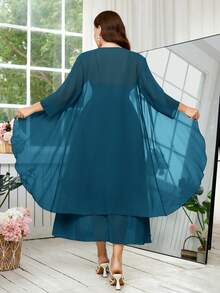 Reflora Gaun Pesta Elegan Wanita Ukuran Besar dengan Hiasan Berlian Imitasi, Atasan Camisole dan Jaket Luar Ringan Transparan, Set 2 Potong - Teal Blue - View 9