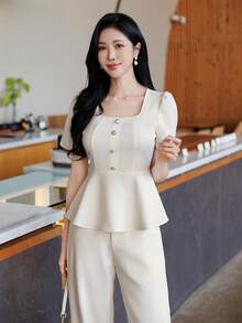 DAZY Bộ 2 món gồm áo hai dây và quần ống đứng kiểu dáng thành thị dành cho nữ, thích hợp mặc đi làm vào mùa xuân và mùa hè. - Màu be - Xem 7
