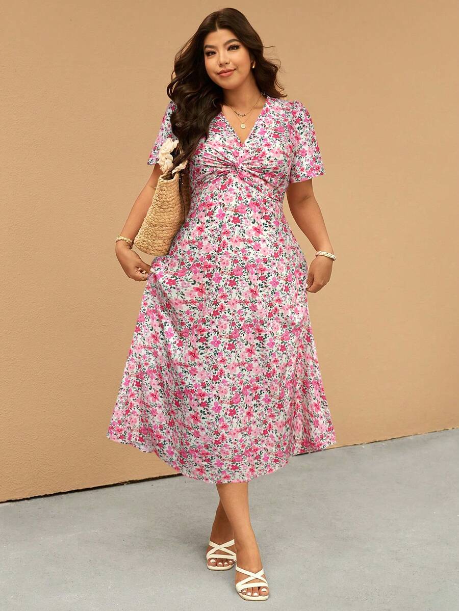 Elaquor Vestido elegante de manga corta con estampado floral para mujer de talla grande - Multicolor - Ver 1