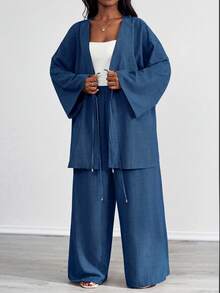SHEIN PETITE CURVE 大尺碼女款兩件套，純色丹寧藍與白色夏季休閒度假套裝，前綁帶長袖上衣與高腰長褲套裝 - 藏蓝色 - 查看 5
