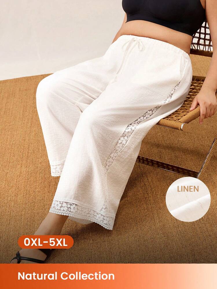 Pantalon ample d'été en lin doux et léger avec dentelle élégante, jambes larges. Pantalon d'intérieur aéré avec poches. Mode romantique et confortable à la maison. Tenues décontractées et confortables pour grande taille.