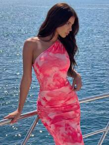 Bonvoyette Women's Holiday Ink-Dyed One Shoulder Ruched Slit Dress Maxi Women Outfit Elegant Vacation - Hot Pink - View 6