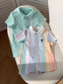 SHEIN 男女通用新生儿两件套休闲可爱条纹短袖连体衣套装，婴儿夏季服装 - 薄荷綠 - 查看 7