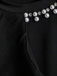 GlowEve CURVE Plus Size Rhinestone Inlaid Mesh Patchwork Round Neck T-Shirt, Waist Cinched Slim Fit, Spring Top - Black - View 5