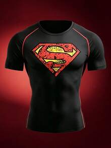 SUPERMAN X SHEIN Acti Log Áo thun thể thao nam tay raglan in chữ, kiểu dáng thường ngày, thích hợp cho mùa hè. - màu đen - Xem 5