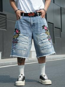 Manfinity EMRG Men's Casual Distressed Frayed Hem Blue Denim Shorts, Street Fashion - Light Wash - View 5